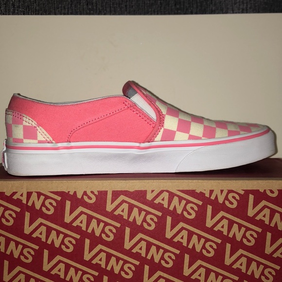pink checkered slip on vans